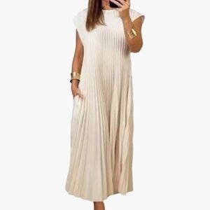 Beige Cap Sleeve Pleated Maxi Dress